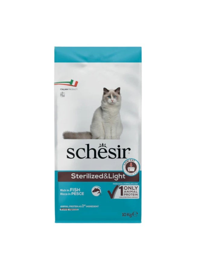 Schesir Sterilized & Light Adult Cat Dry Food Rich in Fish 10kg | Single Protein Grain-Control Formula Low Fat High Fiber Weight Management & Easy Digestion